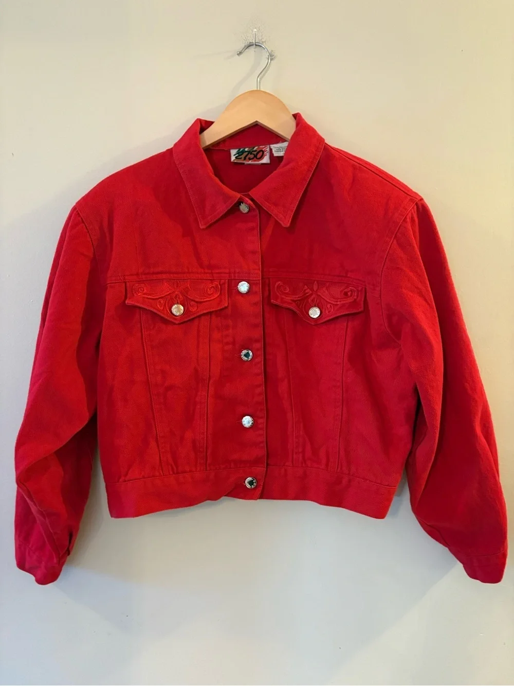 Vintage 90s Red Cropped Denim Jacket Boxy Retro Streetwear 2750, Sz 9/Medium. - Picture 2 of 16